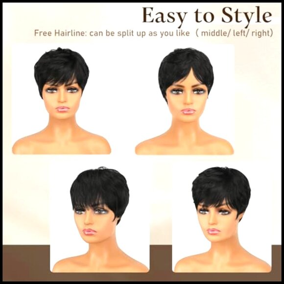 Short Pixie Cut Human Hair Wig Layered Wavy Style Adjustable Cap main image 6